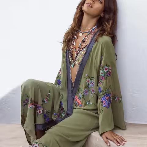 Long Cardigan for Women Kaftan Robe Light Green Cotton Rayon Floral Embroidery Beach Wear Blouse Lon