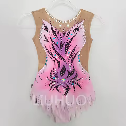 LIUHUO Rhythmic Gymnastics Leotards Girls Pink Print Sparkling Rhinestones Competition Performance L