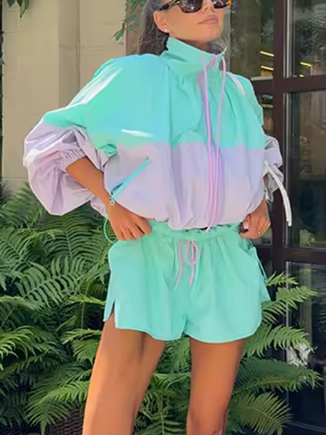 Color Block Stand Collar Drawstring Windbreaker Jacket Elastic Shorts Set 2026 Summer Women Fresh Ca