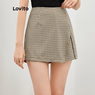 Lovito Split Front Shorts for Women L47ED038 (Khaki) Celana Pendek Ritsleting Depan Motif Kotak-Kotak Kasual untuk Wanita