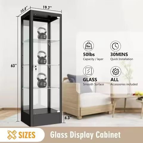 Glass Cabinet with LED, 4-Tier Display Case with Doors and Shelves for Lego and Books
