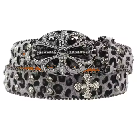Bohemia leopard pattern Crystal Studded Diamond cross Belt Luxury Vintage Western Cowgirl Cowboy Rhi