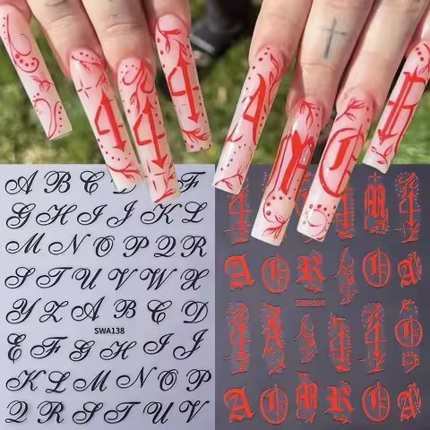 2/5pcs Gothic Roman Letter Nail Stickers Y2K Black Red Alphabet Design Self-Adhesive Decal English W