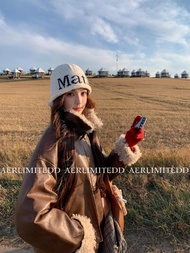 หมวกไหมพรมถักลายโลโก้ตัวอักษรฤดูใบไม้ร่วง/ฤดูหนาวสำหรับคู่รัก Matin Kim หมวกไหมพรมถักแบบสวมหัวสำหรับ