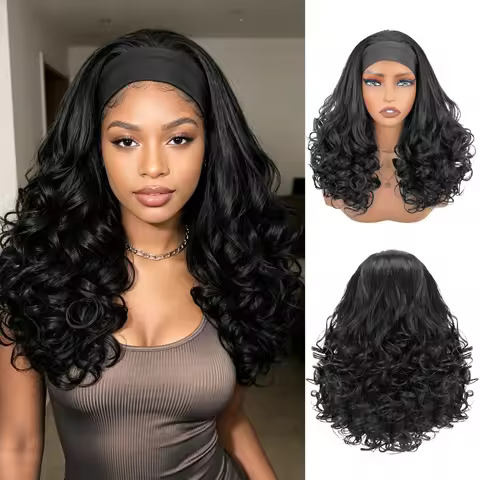 Women's Curly Headband Wig, Natural Black, Synthetic Fiber Headband Wig, Long Curly Wig, Comes with 