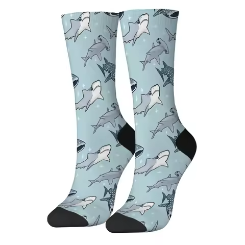 1 Pair 's Turquoise Shark Print Socks Full-Body Shark Scale & Fin Patterns Breathable Comfortable Ca