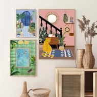 Moroccan Tiles Print Eclectic Leopard Poster Boho Tropical House Plant Pool Wall Art Canvas Painting