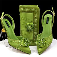 Handmade Olive Green Ladies High Heel Shoe Bag with Floral Decor - European Style