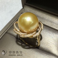 Nanyang Gold Bead Ring 18K Gold 15-16mm Round Pearl Treasure Deep Gold Sea Pearl Petal Style