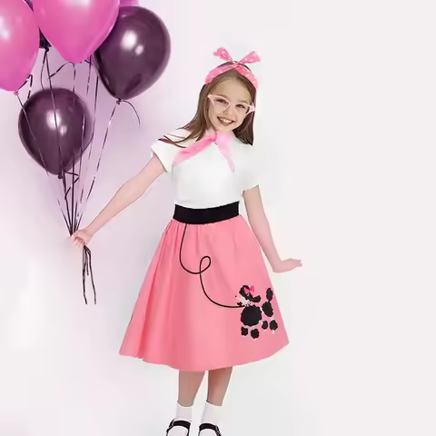 ❤★❤Girls Poodle Skirts 50s Sock Hop Costume Retro Decades Day Outfits 1950s Vintage Pink Lady Grease