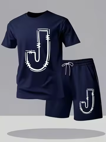 New Men's Summer Crew Neck T-Shirt & Drawstring Shorts Set J-Print Athletic-Style Set Men's Fashion 