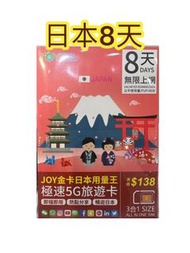 📨包平郵 📨 JOYTEL【日本】全網通勁量王極速 5G 4G 旅遊卡 8天 8GB 無限上網 另有 5天 8天 10天 15天 Japan data sim card