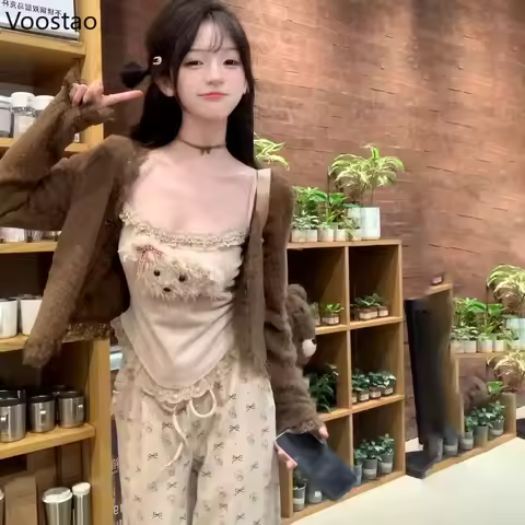 Sweet Cute Lolita Style 3 Piece Set Women Kawaii Cartoon Embroidery Camisole Y2k Cardigan Print Pant