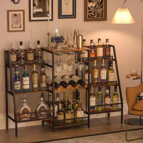 Versatile Bar Stand Table with Glass Holder, Freestanding Floor Wine Rack, Liquor Stand for Liquor W