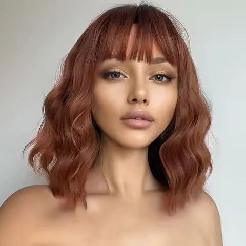 Short Wavy Curly Women Fresh Bright Synthetic Ordinary Flat Bangs Bob Wig (Brown)