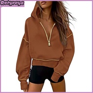 Women Short Sweatshirt Solid Color Long Sleeve Pullover Hooded Sweatshirt Loose Fit Zipper Half Plac