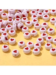 Cuentas redondas de acrílico con corazón rojo en base blanca, simples y encantadoras, sueltas, para hacer pulseras, collares y aretes de joyería DIY.