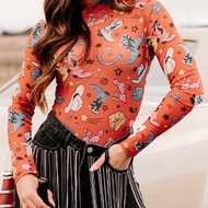 High-Neck Long-Sleeve Printed Romper with Cowgirl Boots