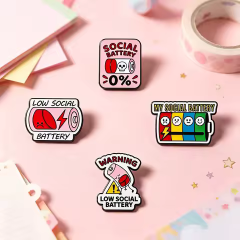 4Pcs Funny My Social Battery Enamel Pins Low Social Battery Brooch Lapel Badge For Backpack Introver