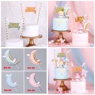 Pastel Blue-Pink 2 Pillar cake Embroidery Label topper Crescent Moon