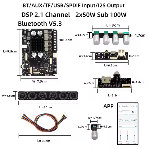 APP Setting DSP2.1 Bluetooth 5.3 Subwoofer Power Amplifier Board 50W*2+100W Stereo TWS Board AUX USB