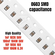 100pcs 0603 SMD Ceramic Capacitor 102K 1NF 50V / 100NF 104M 50V / 1UF 105K 16V / 10uf 106M 6.3V 1808