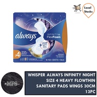 SIZE 4 WHISPER Always Infinity Night Heavy Flow Thin Sanitary Pads Wings 30cm 13Pc