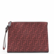 new FENDI Zucca FF monogram red canvas black leather zip clutch bag