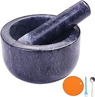 Aisiming Mortar and Pestle Set Polished Natural Marble Guacamole Molcajete Bowl, 5.5inch Stone Spice Grinder with Silicone Pad, Stainless Steel Spoon and Small brush, 400ml Capacity(Large, Dark Gray)