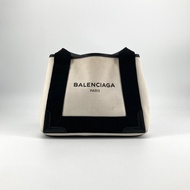 【二手】 BALENCIAGA Cabas XS 兩用托特包，海軍藍，棉帆布/小牛皮，339933，黑色 x 象牙色