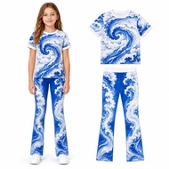 Girls Tee And Flare Pants Outfit With White Royal Blue Porcelain Tornado Cloud Print, Cute Two Piece