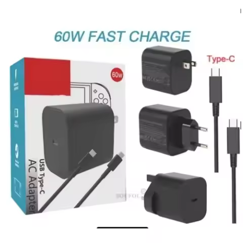 60W AC Adapter EU/US/UK Plug Fast Charger Compatible with NS Switch 2 / Steam Deck Accessories USB T