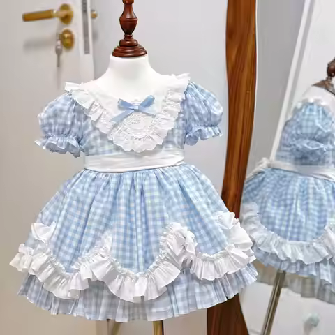 Summer Girls Korea Birthday Lace Blue Cute Plaid Wedding Ball Gown Bow Party Dress Princess Floral B