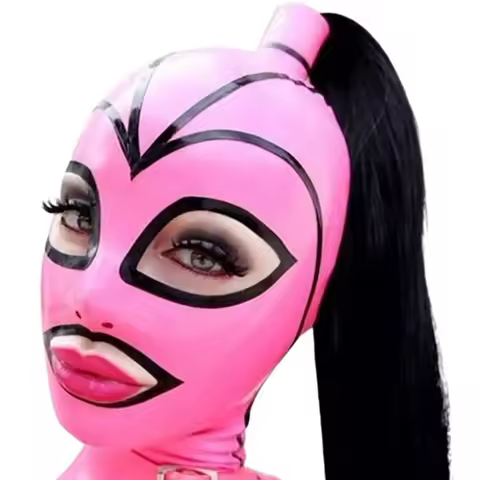 Latex Hood Mask Holiday Rubber Full Face Pink and Black Strips with Ponytail Wig Latex Mask