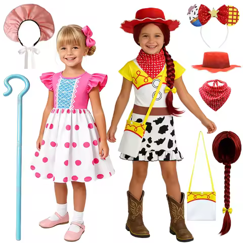 Girls Jessie Cosplay Costume Shepherdess Polka Dot Dress Western Cowgirl Ruffle Trim Dress for Hallo