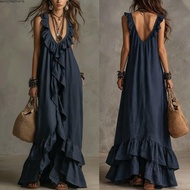 Backstreet4fzs Maxi Dress - Ruffle Trim V-Neck Sleeveless Loose Fit Beach Dress for Women