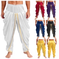 Yartina Men Satin Dhoti Pants Casual Elastic Waistband Draped Baggy Trousers for Vacation Theme Part