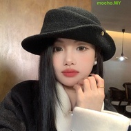 MOCHO Black Felt Hat, Woolen Wide Brim Hepburn Style Flat-top Cap, Fashion Elegant British Style Whi