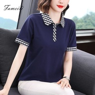 Oversize Women's Blouse Short Sleeve Wanita Baju Splicing Polo Collared V Neck Tops Shirt Loose Long