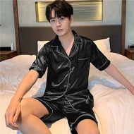 Solid Color Silk Men Sleepwear Pajama Sets for Men Short-Sleeved Shorts Sleepwear Pyjama Male Homewe
