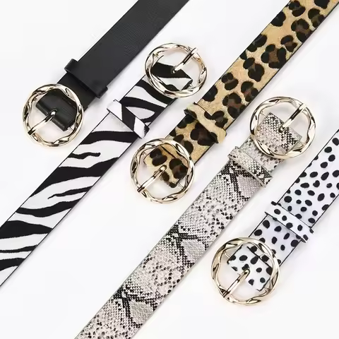 2023 New Women Leopard Snake Zebra Pattern Snakeskin Cos Skin Cricle Pin Golden Buckle Belts for Dre
