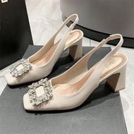 [focus] รองเท้าส้นสูงแฟชั่นผู้หญิง ส้นหนา3.15นิ้ว Cream/Black หัวสแควร์ ฝังพลอยเทียม คัชชูส้นตึก Pre