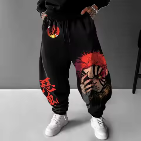 Autumn Winter Men's Sweatpants Demon Slayer Akaza Prints Loose Causal Pants Y2k Male Japanese Anime 