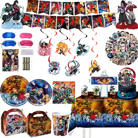 Anime Demon Slayer Birthday Theme Plates Cups Napkins Keychain Demon Slayer Candy Bags Party Favors