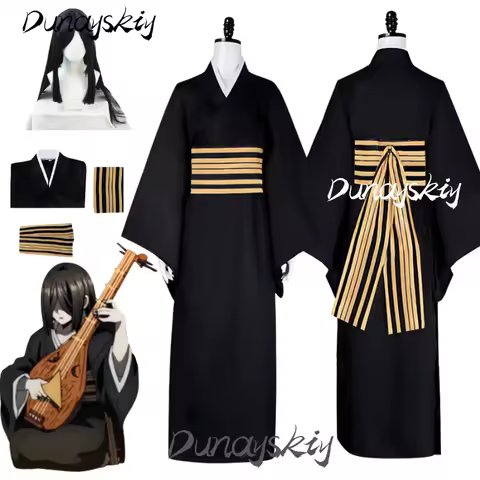 Nakime Otokawa Cosplay Costume Set Wig Black Gold Japanese Kimono Long Hair Biwa Guitar Instument An