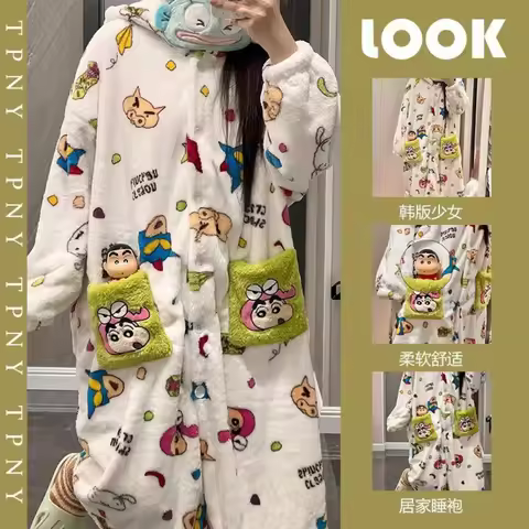 Cute Crayon Shin Chan Coral Velvet Sleepwear for Women Autumn Winter Collection Thick Velvet Warm Ho