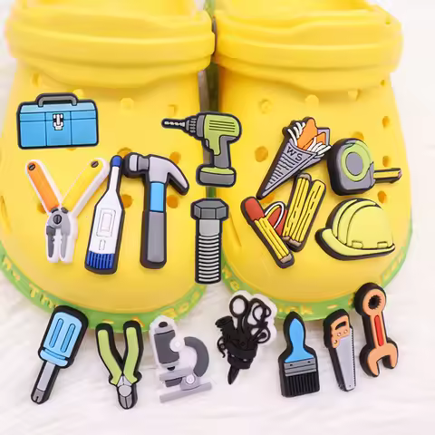 17pcs Hammer Helmet Brush Tools PVC Shoes Charms Toolbox Fit Slipper Buckle Accessories Man Cool Des