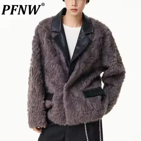PFNW Mimic Wool Coat Winter 2025 New Fur Integrated Warm Fur Jacket Korea Fashion Contrast Color Mal