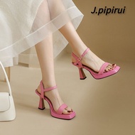 Barbie Pink Sandal Perempuan 9cm One Strap Fashion Square Toe High Heels Chunky Heel Sandals