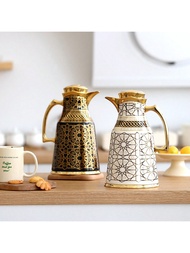 New Middle Eastern Stylish 1000ml Thermal Carafe, Double Wall Stainless Steel Exterior With Golden P